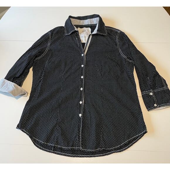 Cino Crinkle Button Up Blouse 3/4 Sleeves Cotton Sz XL Flip Cuffs Polka Dot - Picture 8 of 14